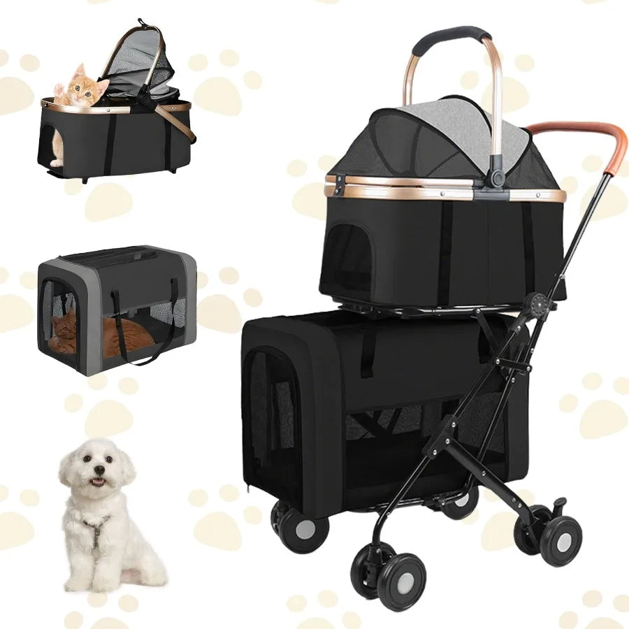3-in-1Double Pet Stroller, Foldable Portable Pet Travel Strolling Cart for Medium Small Dogs Cats, up to 50lbs Dark Green