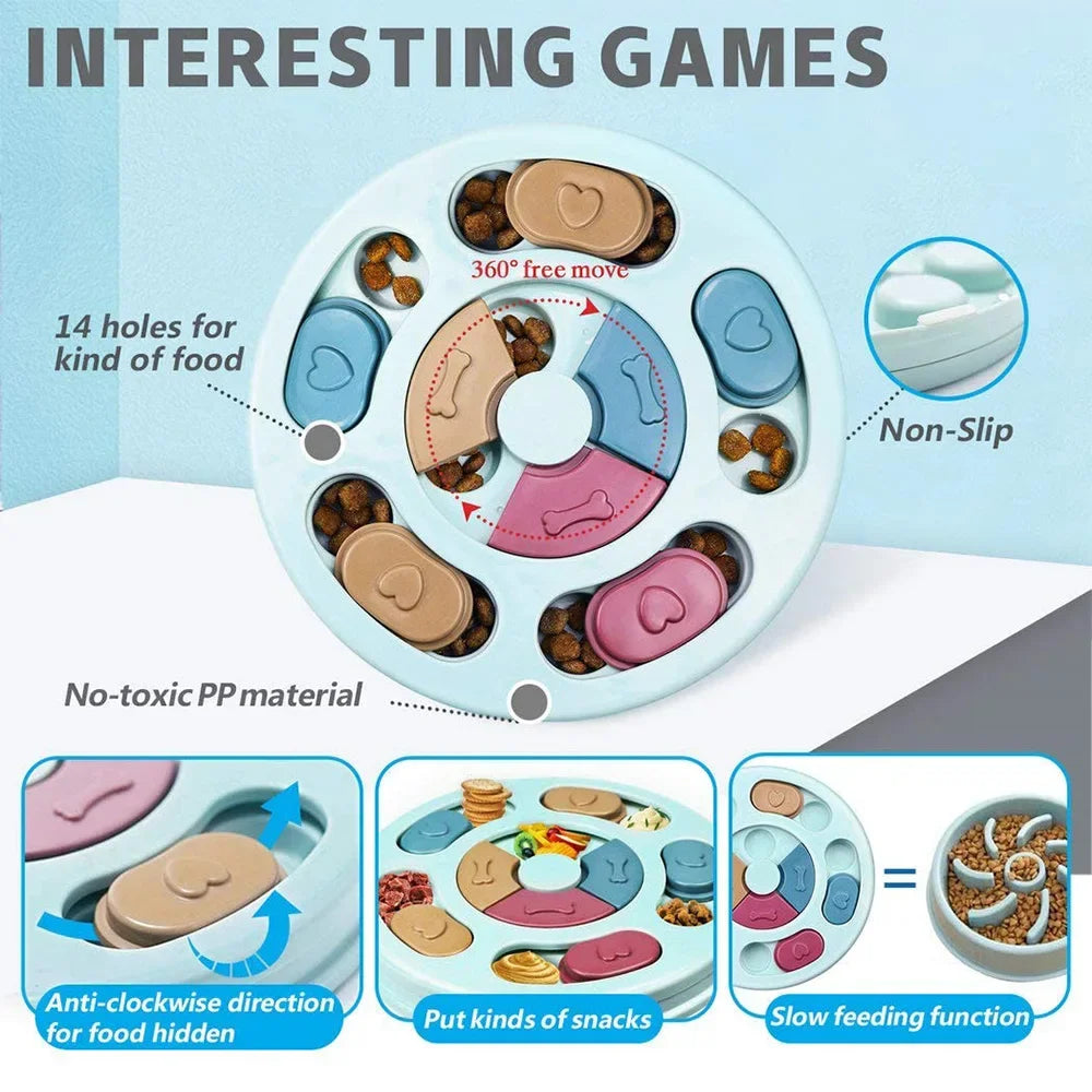 I YAN dog puzzle toy with food dispenser and non-slip base, designed to slow feeding and stimulate dogs and cats during meals.