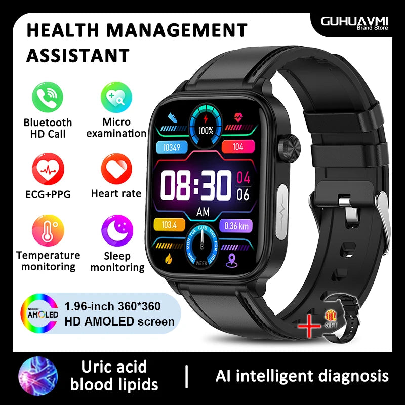 2026 New Blood lipids Uric Acid testing Smart Watch Men ECG+PPG Blood Pressure blood oxygen Bluetooth Call Health smartwatch iOS