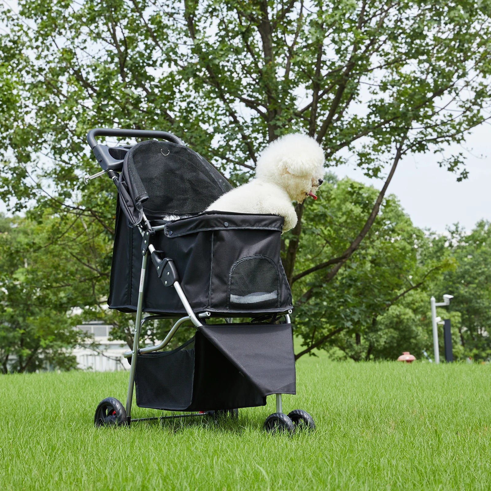 I YAN JHK foldable pet stroller with three wheels, mesh windows, storage basket, and cup holder for small dogs and cats outdoors