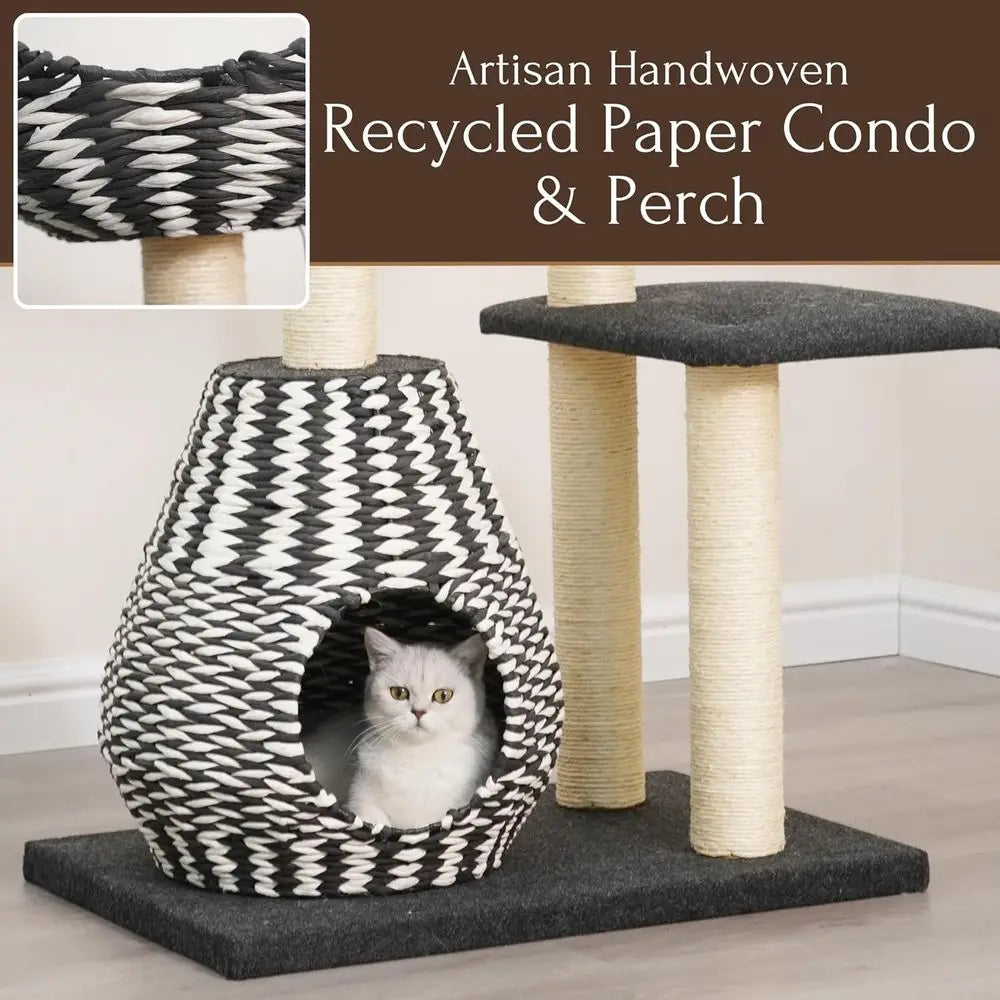 Handwoven cat tree with condo and sisal posts by I YAN, featuring multiple levels and cozy hideouts for feline play and relaxation.