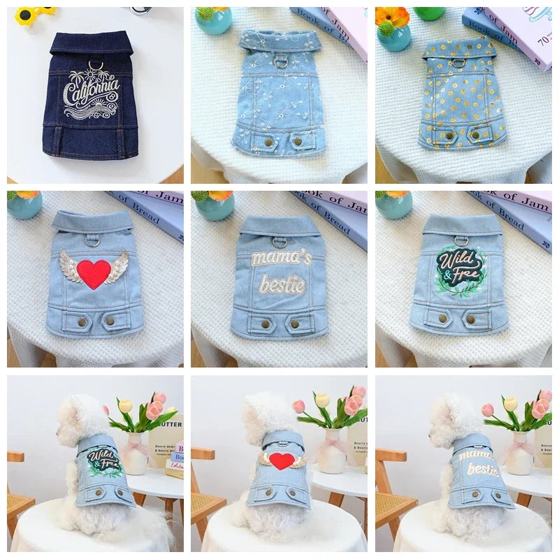 I YAN denim doggie pet jacket sleeveless vest with jeans design, suitable for small to medium dogs, cats, and puppies in autumn and spring.
