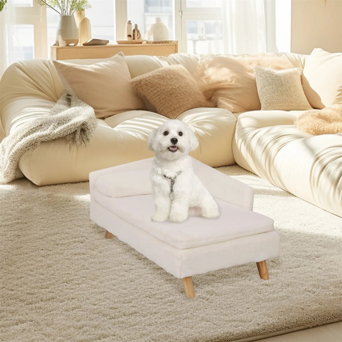 Elevated Nordic pet stool bed with cozy pad, waterproof cover, and sturdy wood legs for small dogs and kittens.