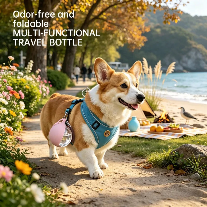 Portable I YAN pet water bottle with detachable bowl, leak-proof travel dispenser and wrist strap for on-the-go pet hydration.