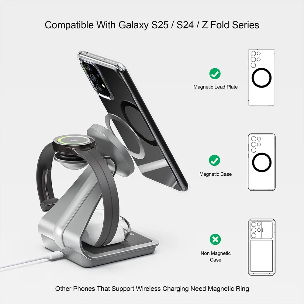 Bonola Magnetic 3 in 1 Wireless Charger Station for Samsung S24 Ultra/S25/26 Fast Charging Stand for Galaxy Watch 8/7/6/Earbuds
