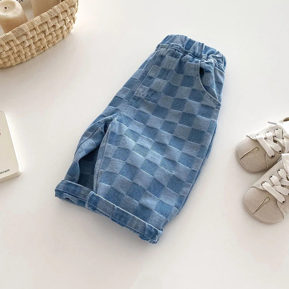 2026 Spring New 1-5Y Children Jeans Boys Denim Pants Mid Waist Girls Trousers Fashion Kids Plaid Pants