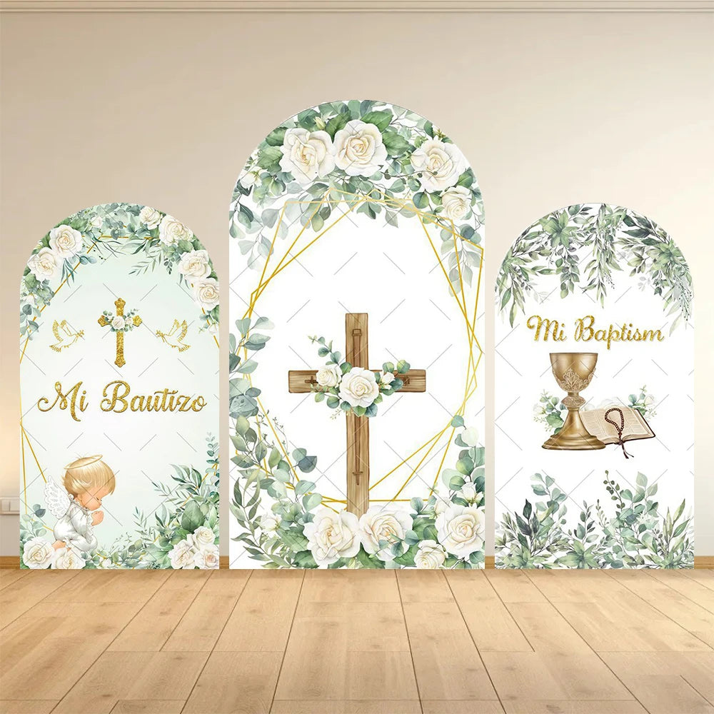 First Communion Arch Backdrop Cover Flowers God Bless Holy Cross Dove Girl Boy Baptism Baby Shower Decor Arched Background Props