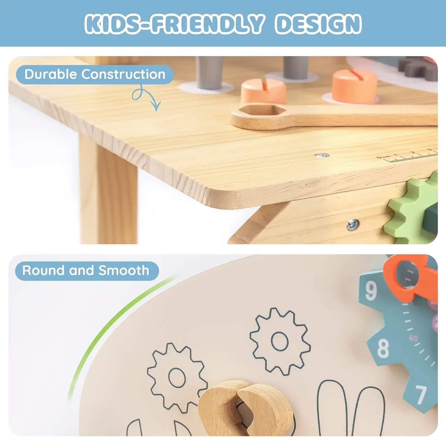 Robotime Robud kids wooden workbench set with tools, suitable for boys and girls ages 3+, includes construction toy workshop accessories.