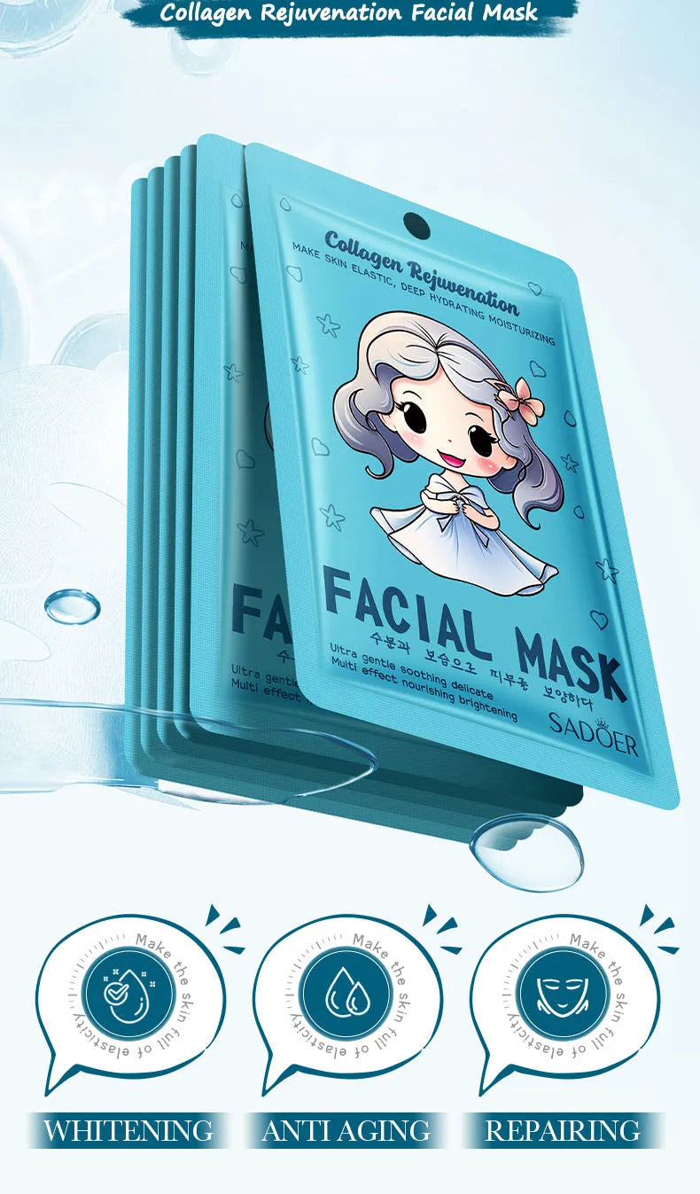 10pcs SADOER Hyaluronic Acid Collagen Face Mask Facial Skincare Moisturizing Hydrating Facial Masks Korean Skin Care Cosmetics