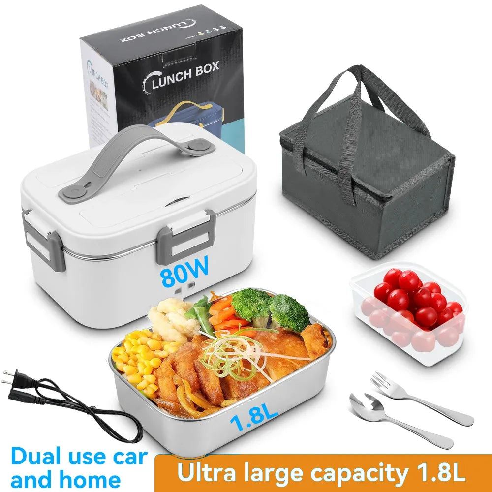Electric Lunch Box 80W 1.8L Portable Food Warmer Stainless Steel Detachable Heating Bowl Large Capacity For Car Or Home