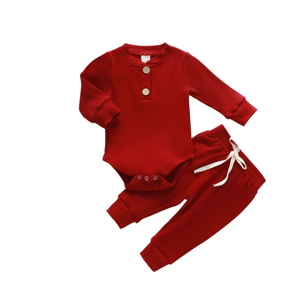 Infant baby girl and boy spring autumn ribbed and plaid solid long sleeve bodysuits with elastic pants, I YAN 2-piece outfits.