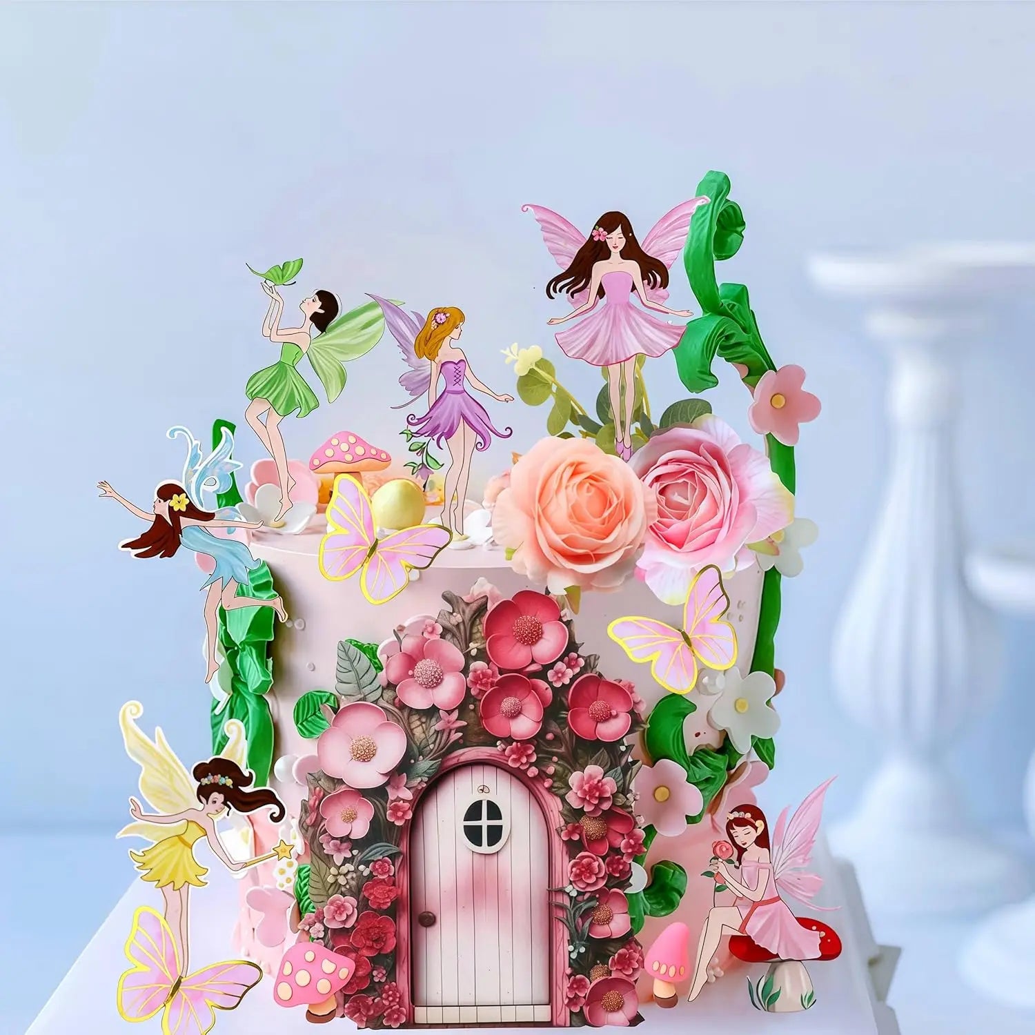Fairy Cake Toppers Mushroom House Cake Decor Butterfly Cake Decor Fairy Garden Topper Fairy Party Supplies Flower Cupcake Topper
