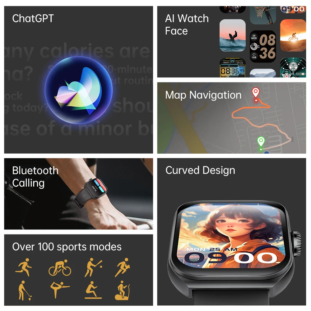 KUMI KU7 Smart Watch 1.96" AMOLED AI Voice Assistant Bluetooth Call NFC IP68 Waterproof SOS Heart Rate SpO2 Fitness