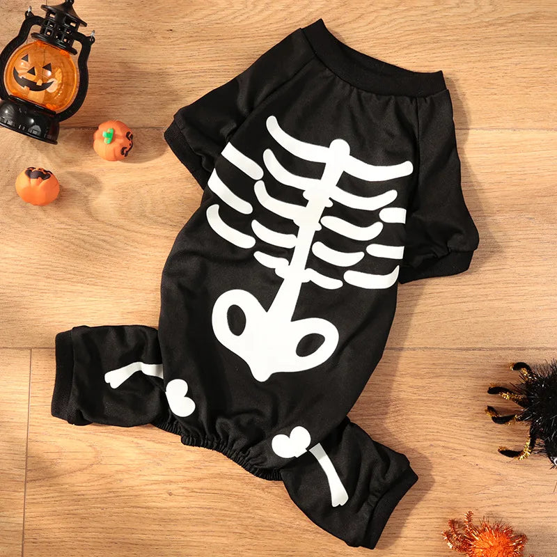Spooky glow Halloween dog skeleton costume jumpsuit by I YAN, featuring a detailed skeleton design for dogs.