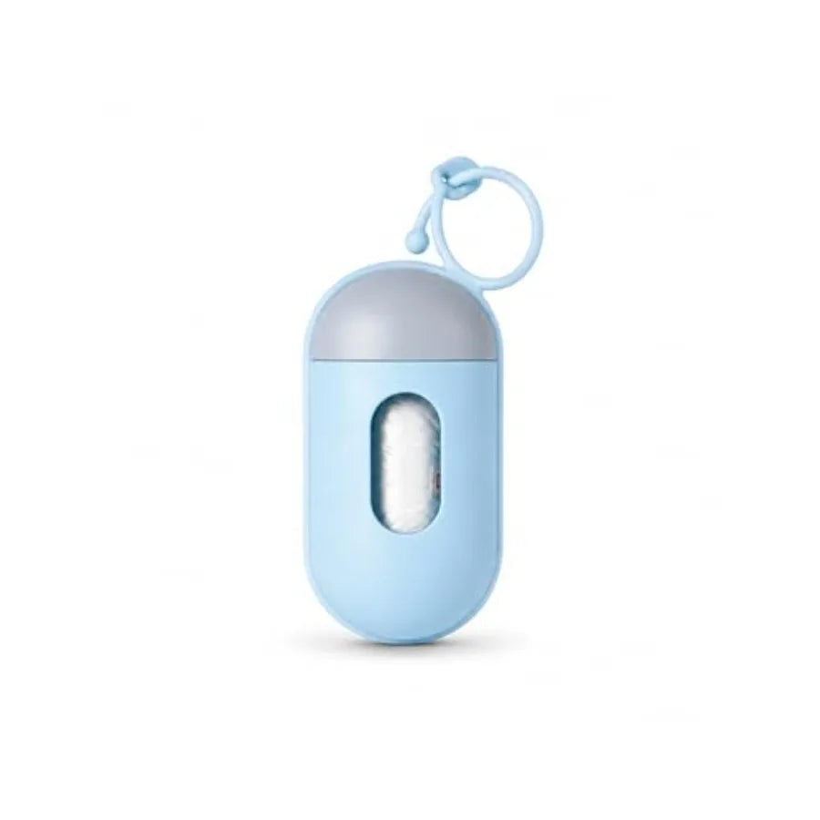 Portable I YAN dog waste bag dispenser with a compact design, attached to a leash, holding biodegradable pet poop bags for outdoor walks.