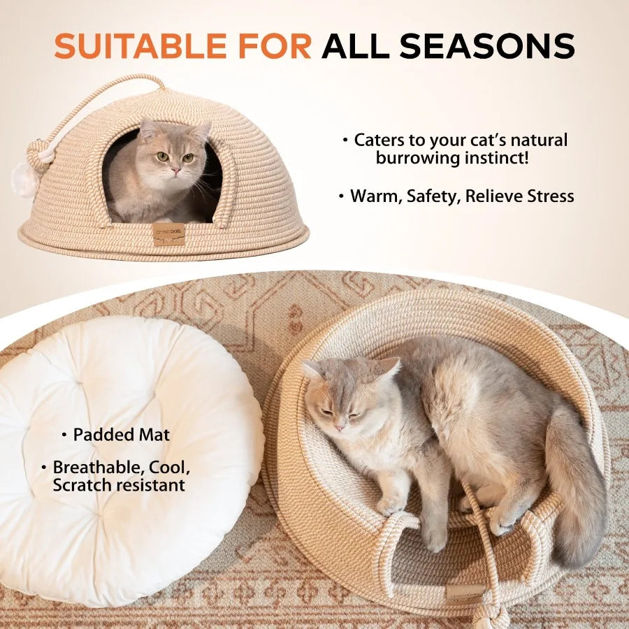Cat Cave Bed with Cushion, 21*21in All-Season Large Cats House Tent with Toy Ball for Indoor
