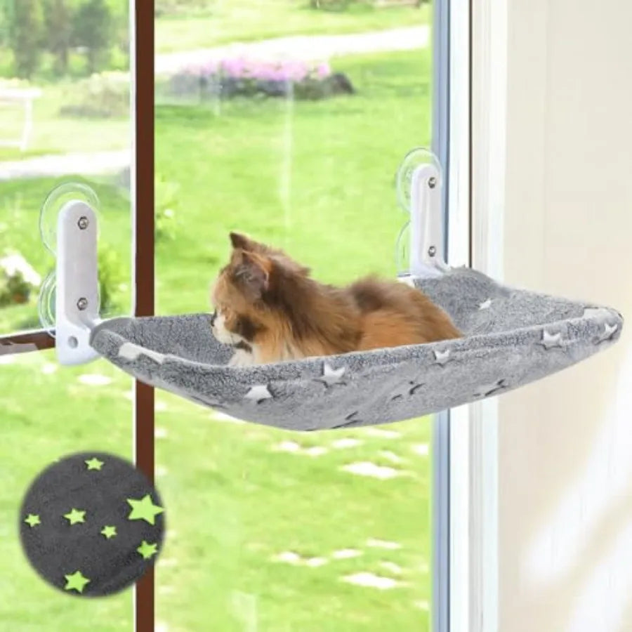 Cat Window Perch, Glow in The Dark Cordless Foldable Pet Hammock Bed for Window with Sturdy Metal Frame, Gowing Pattern Resting