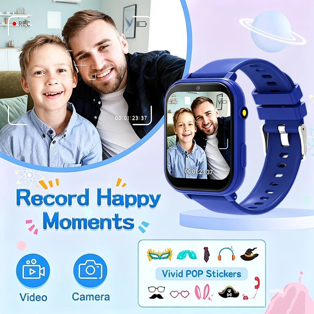 Youngsters's I YAN smartwatch with HD touchscreen, camera, puzzle games, music, pedometer, and flashlight for kids aged 6-12.