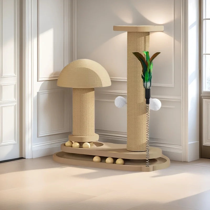 I YAN interactive cat scratching post tower with jute, ball track, and multiple entertainment features for cats.