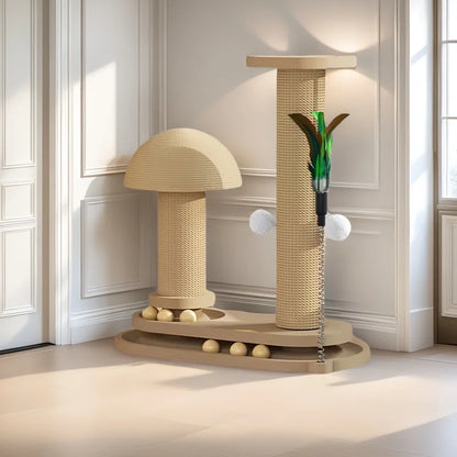 I YAN interactive cat scratching post tower with jute, ball track, and multiple entertainment features for cats.