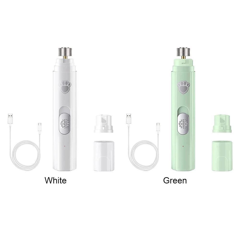 I YAN electric pet nail grinder with LED light, USB rechargeable, designed for cats and dogs, featuring a compact paw nail trimming tool.