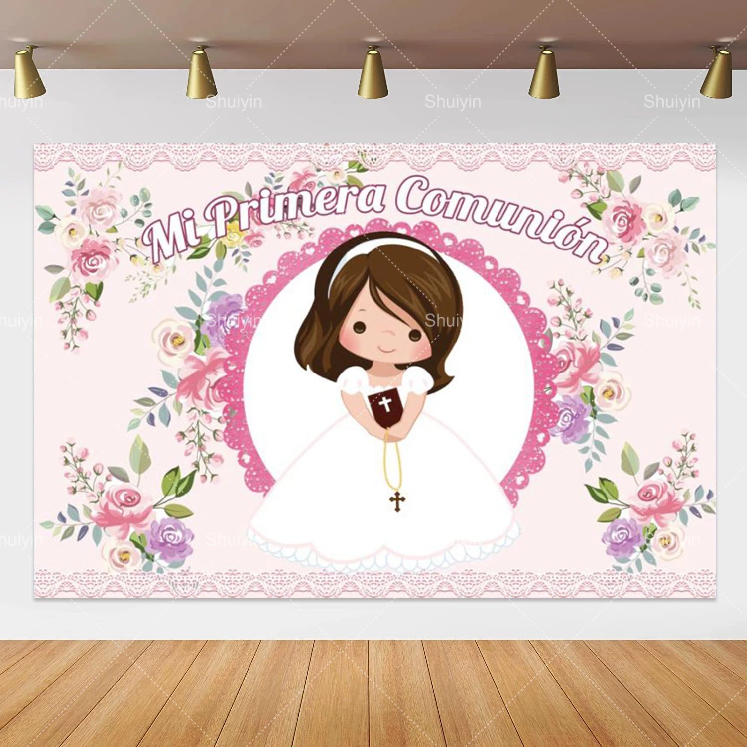 Boy Girl First Communion Backdrop Gold Cross Grail God Bless Baptism Party Decor Background Christening Baby Shower Photo Props