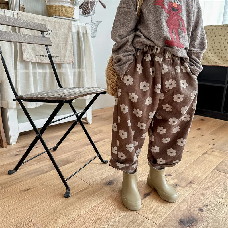 Autumn New Children Loose Trousers Vintage Flower Print Girls Harem Pants Baby Boys Casual Pants Cotton Baby Trousers Clothes