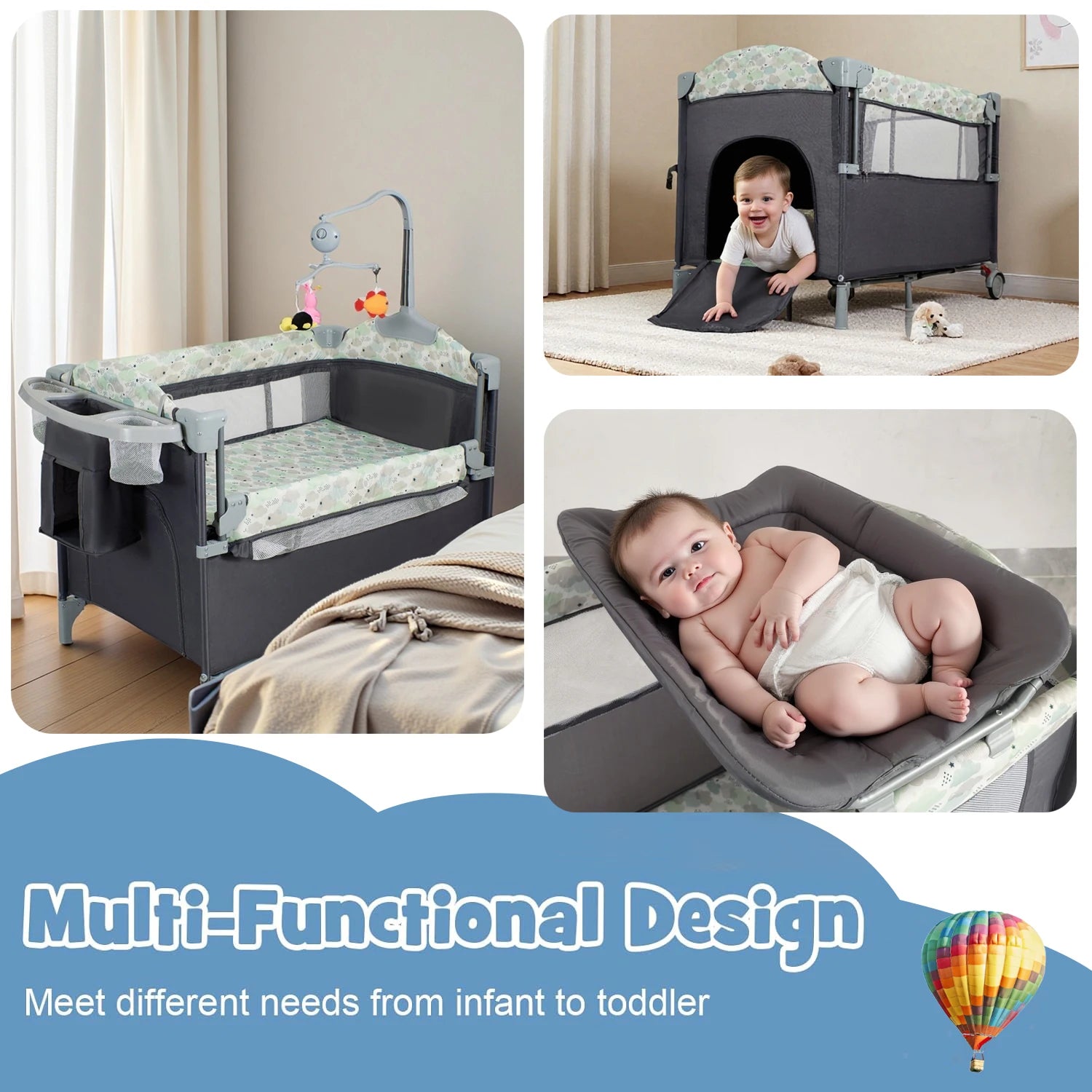 I YAN Pack n Play with bassinet, changing table, lockable wheels, music box, foldable design for infants and toddlers.