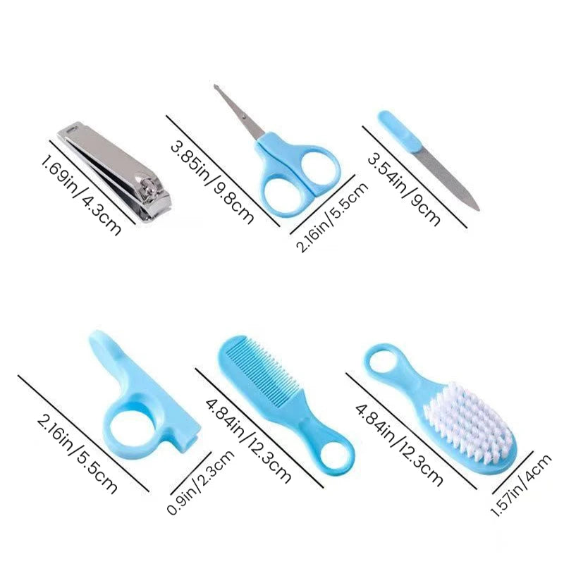 I YAN 5-in-1 baby grooming kit with pink and blue design, includes brush, comb, and nail tools for newborn care.