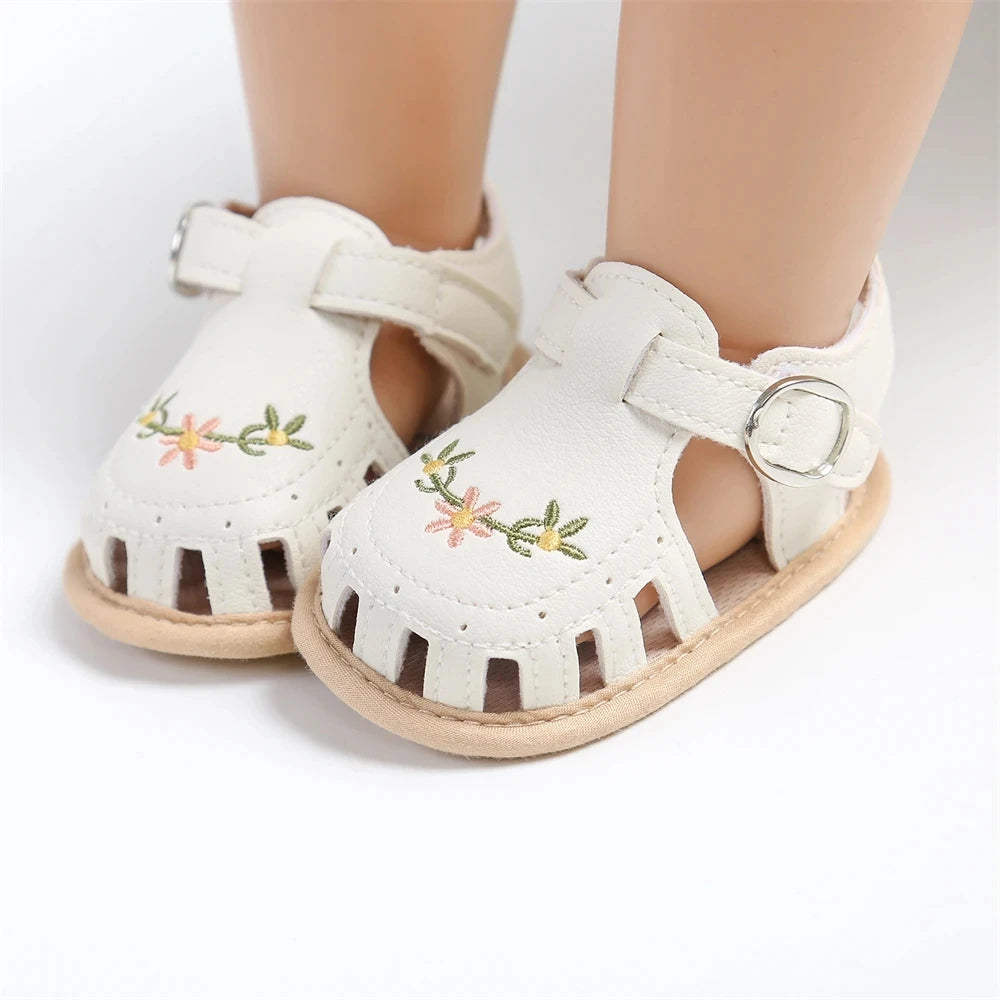 Newborn Baby Girl Sandals Summer Embroidered Leisure Comfortable Lightweight Floral Soft Sole Wrap Toe Sandals For 0-18M
