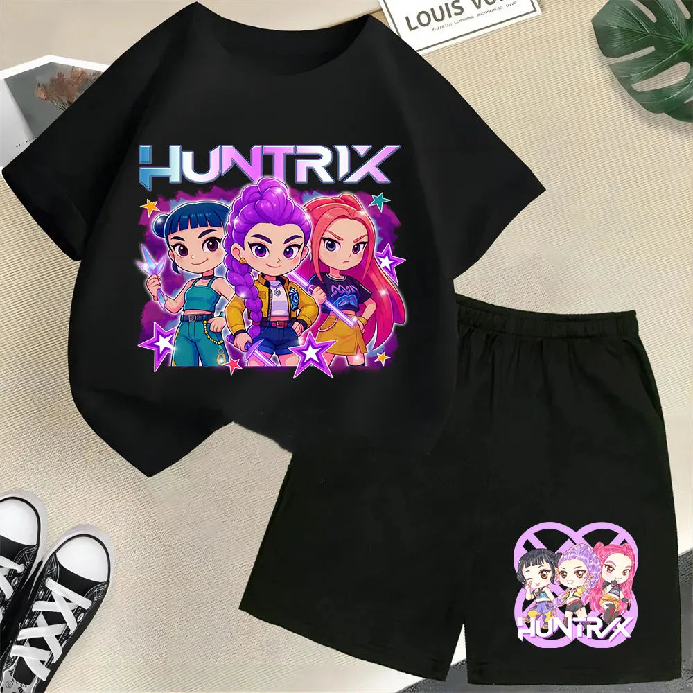 KPop Demon Hunters Saja Boys Kids T-Shirt – Cartoon Print Round Neck Casual Top (2pcs Set) - I YAN