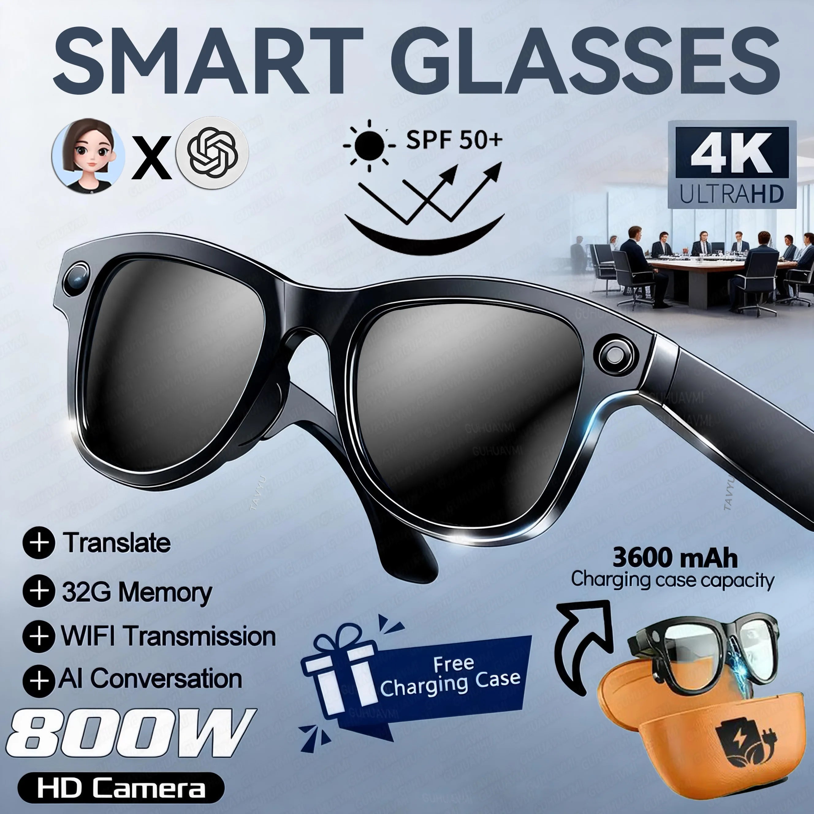 2026 Smart AI Glasses 4K 800W Camera 3600mAh Power Bank 32GB Memory 120+ Translation ChatGPT Music Photos &Video Sunglasses Men