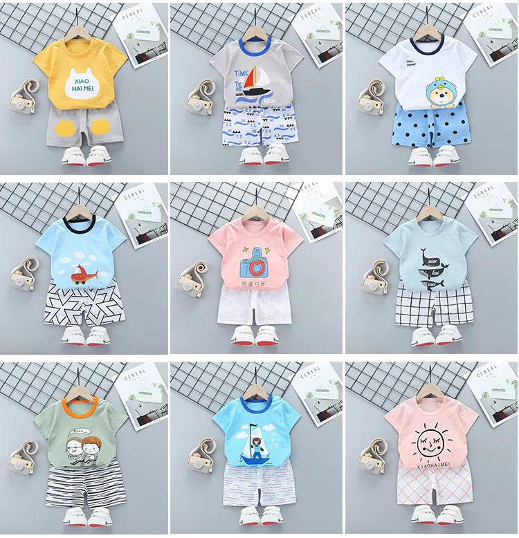 Children's summer T-shirt and shorts set by I YAN for boys and girls, featuring cotton fabric and short sleeves.
