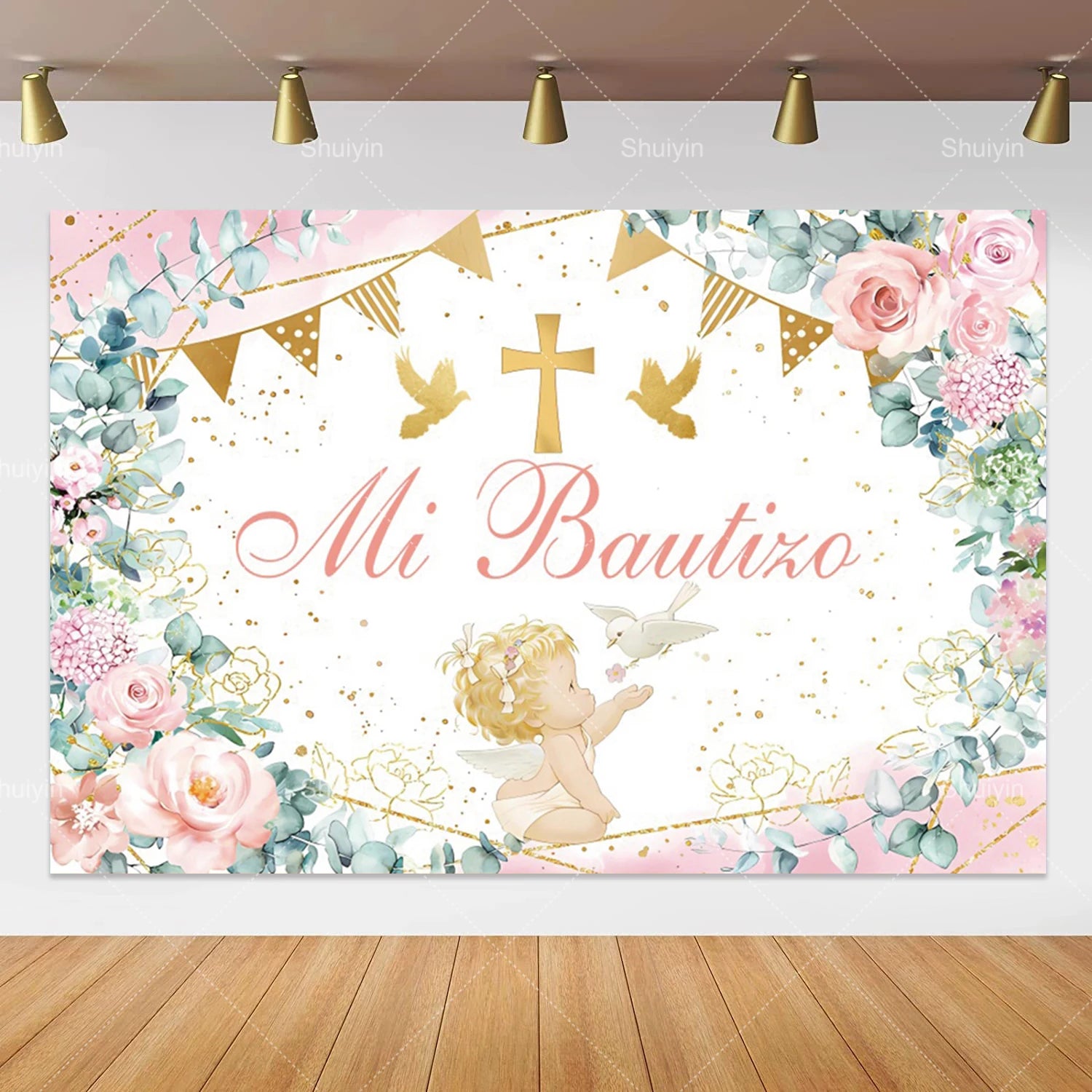 Boy Girl First Communion Backdrop Gold Cross Grail God Bless Baptism Party Decor Background Christening Baby Shower Photo Props