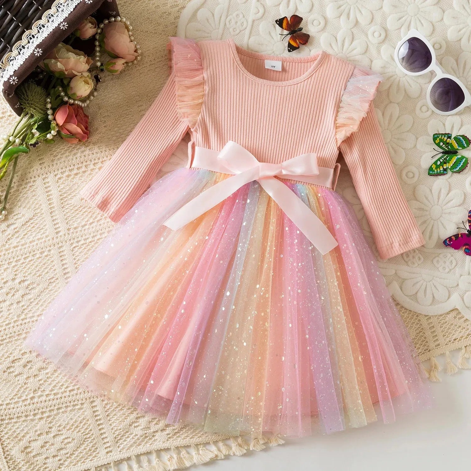 K-Pop Hunters Rainbow Princess Dress for Girls Sequin Birthday Party Mesh Dress for Baby Casual Long Sleeve Girls Dresses 1-5Y