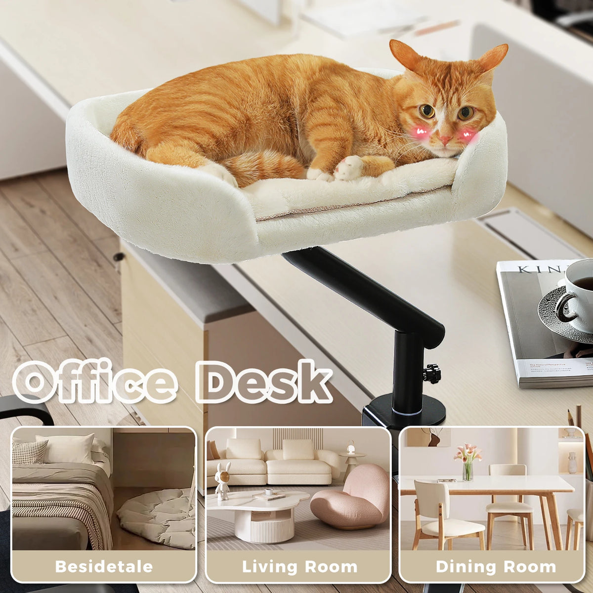 Soft I YAN cat desk bed on a table, 360° rotatable adjustable hammock for indoor cats, cozy resting spot for small cats.