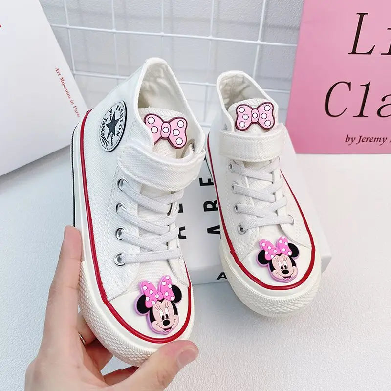 Disney Girls' Canvas Casual Shoes Soft Sole High Top Cartoon Mickey Mouse Minnie Purple White Breathable Shoes Flats Size 24-37
