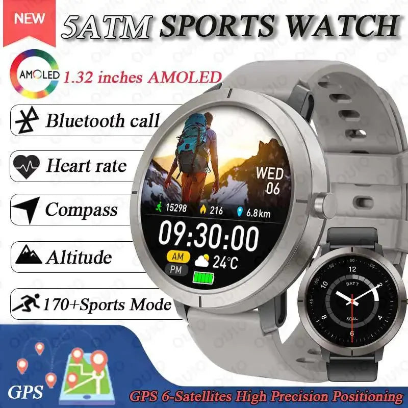New GPS Positioning Smart Watch 1.32AMOLED 5ATM Waterproof Women Men Health Bluetooth Call 360mAh Compass 170+Sports Mode SmartWatch