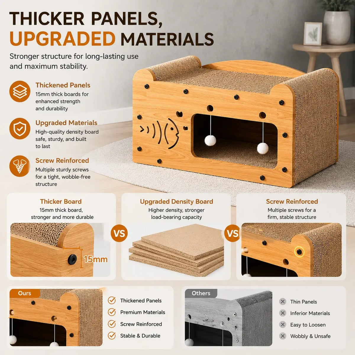 I YAN 2-in-1 double layer cat scratcher lounge with cardboard hideaway and pom-pom toys for feline entertainment and scratching.