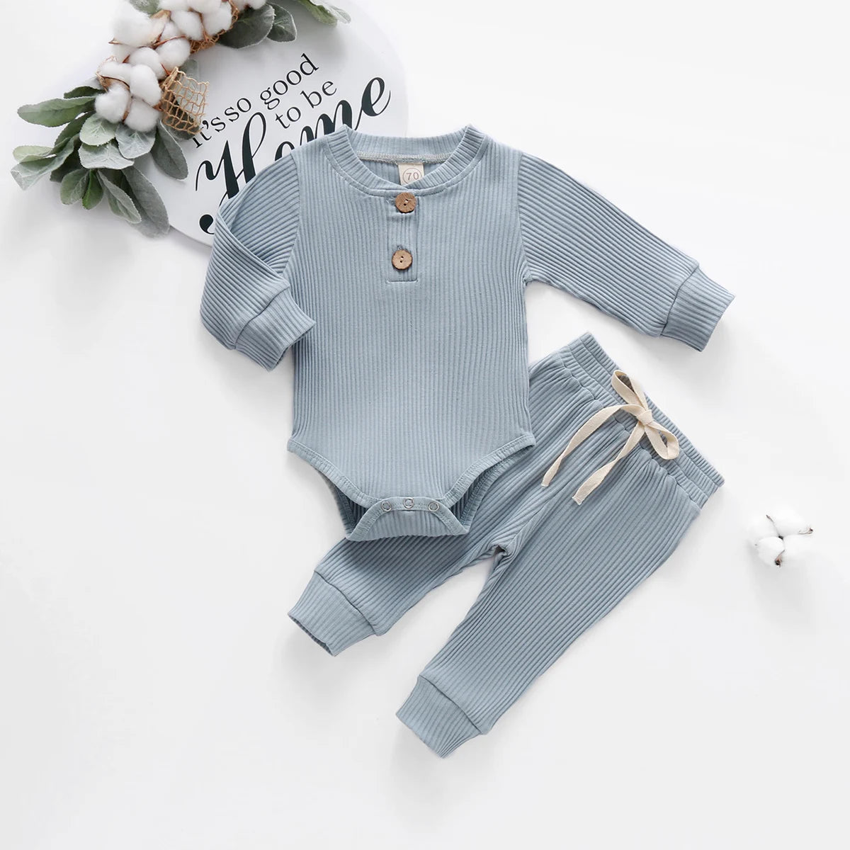 I YAN infant baby girl and boy spring autumn 2-piece ribbed and plaid long sleeve bodysuits with elastic pants, soft and comfortable.