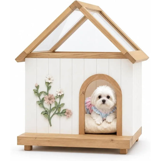 Indoor sunlit dog house with handcrafted carvings and ultra-soft bed mat for small dogs by I YAN.