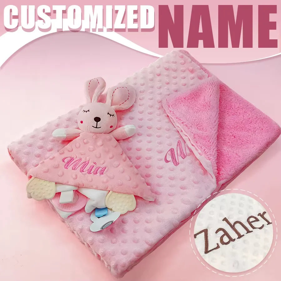 Soft personalized baby blanket and lovey set by I YAN, featuring minky dot fabric, perfect for boys and girls.