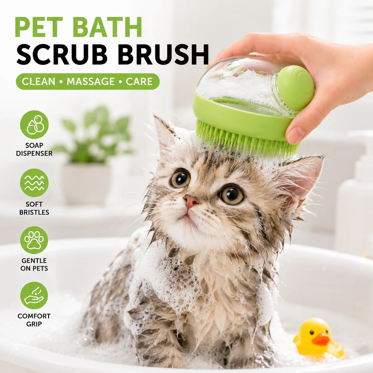 Soft silicone pet bath brush with shampoo dispenser for dogs and cats, featuring grooming massage design for shower cleaning.
