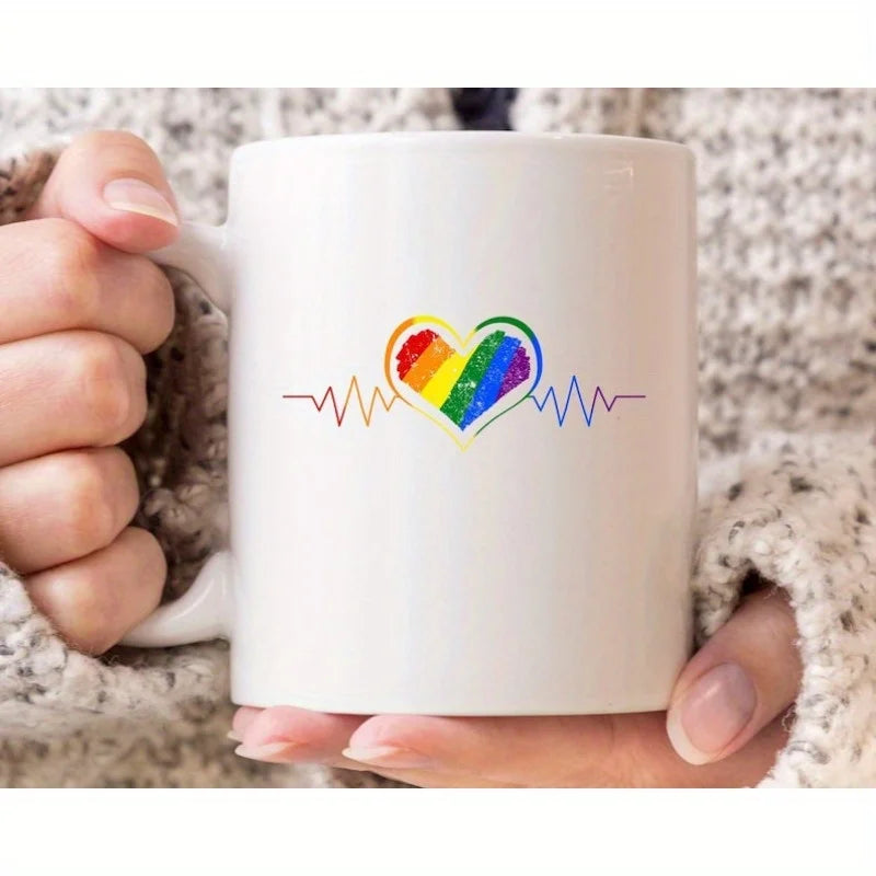 Rainbow Heartbeat Mug – LGBT Pride Coffee Cup with Colorful Heart & EKG Design, Microwave Safe, Perfect Gift for Gay, Lesbian