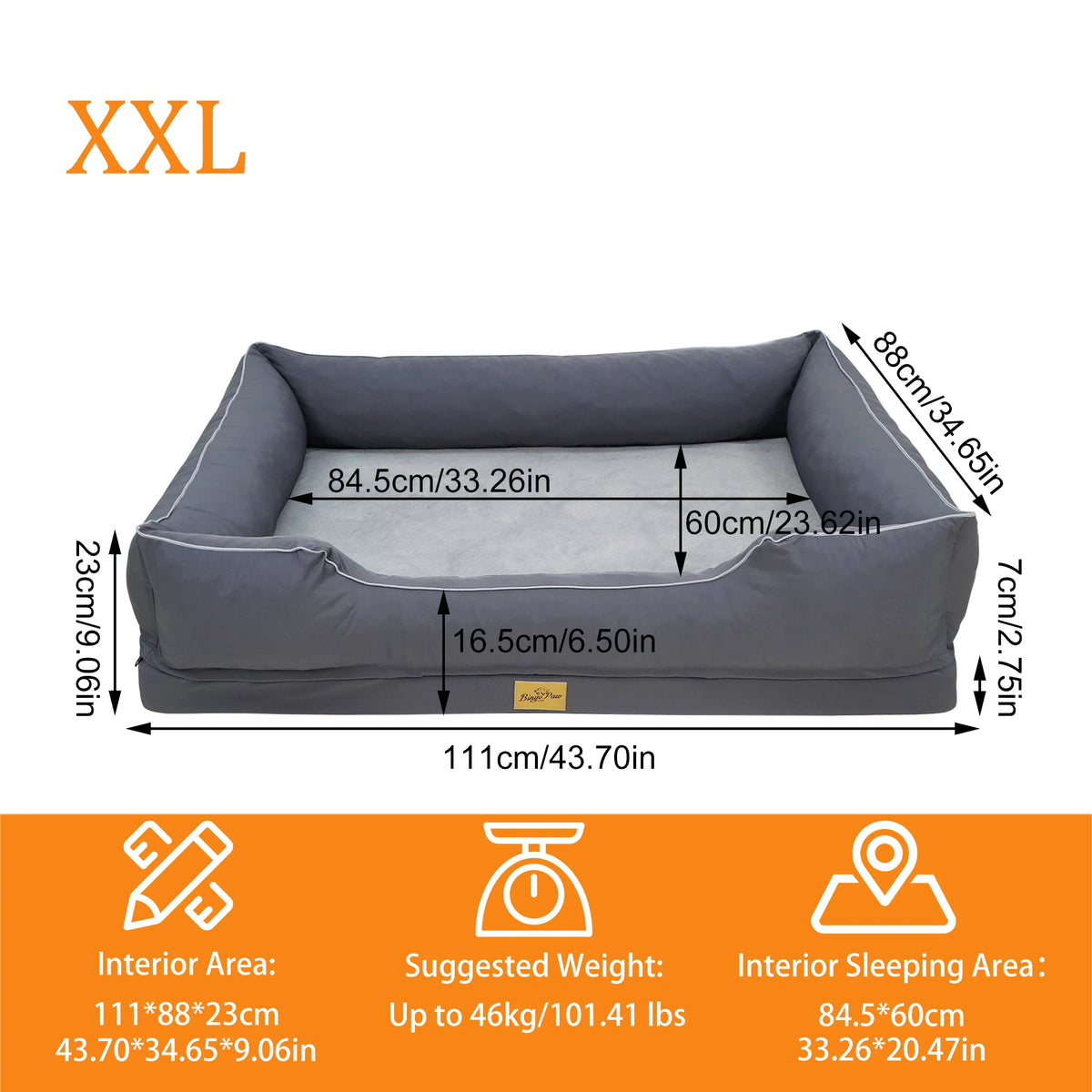 Orthopedic dog bed with bolster sides, foam base, waterproof lining, and removable cover in M/L/XL sizes by I YAN