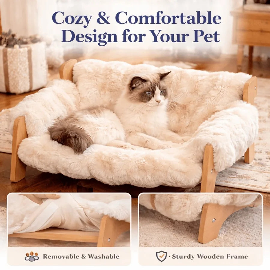 Cat Sofa Bed for Indoor Cats, Elevated Cat Couch with Wooden Frame, Washable Fluffy Cushion, Cooling Mat Cushion, Raised Pet Be