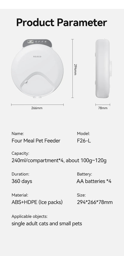 I YAN F26 automatic pet feeder with 4-meal capacity, dual ice packs, and 360-day battery backup, shown with food tray and controls.