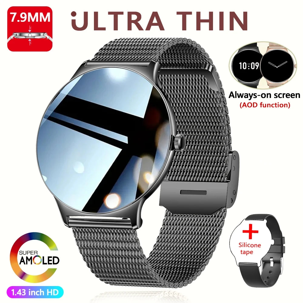 2026 New Ultra Slim AMOLED Smart Watch Women Screen Always Display Time Heart Rate BT Calling High-end Fashion Smartwatch