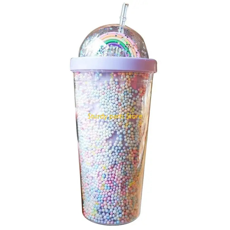 97QC 550ml Rainbow Plastic Water Bottle Double Layer Sequins Drinking Cup with Straw