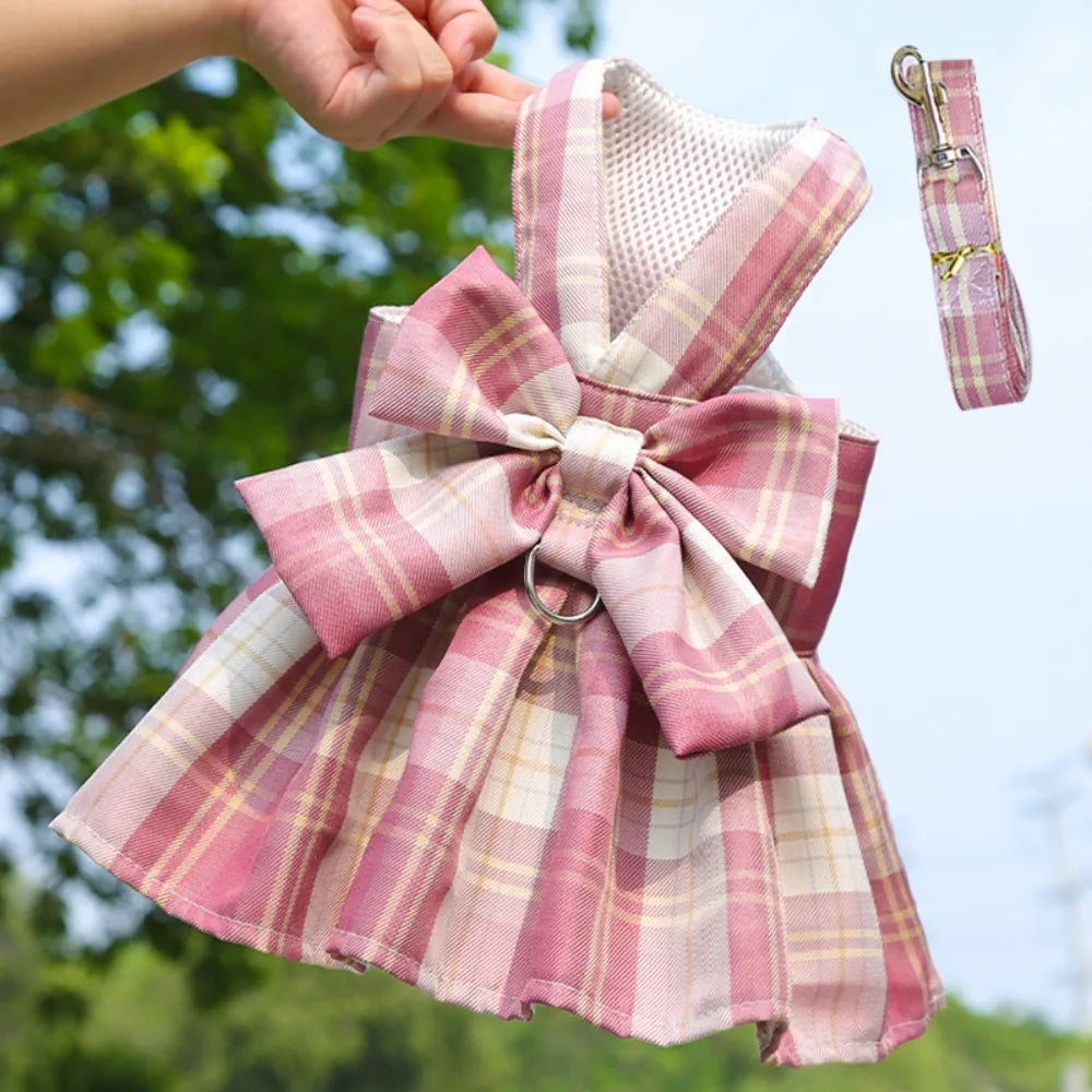 I YAN reusable plaid dog harness with leash, adjustable washable pet skirt, featuring a cute bow and rabbit design.